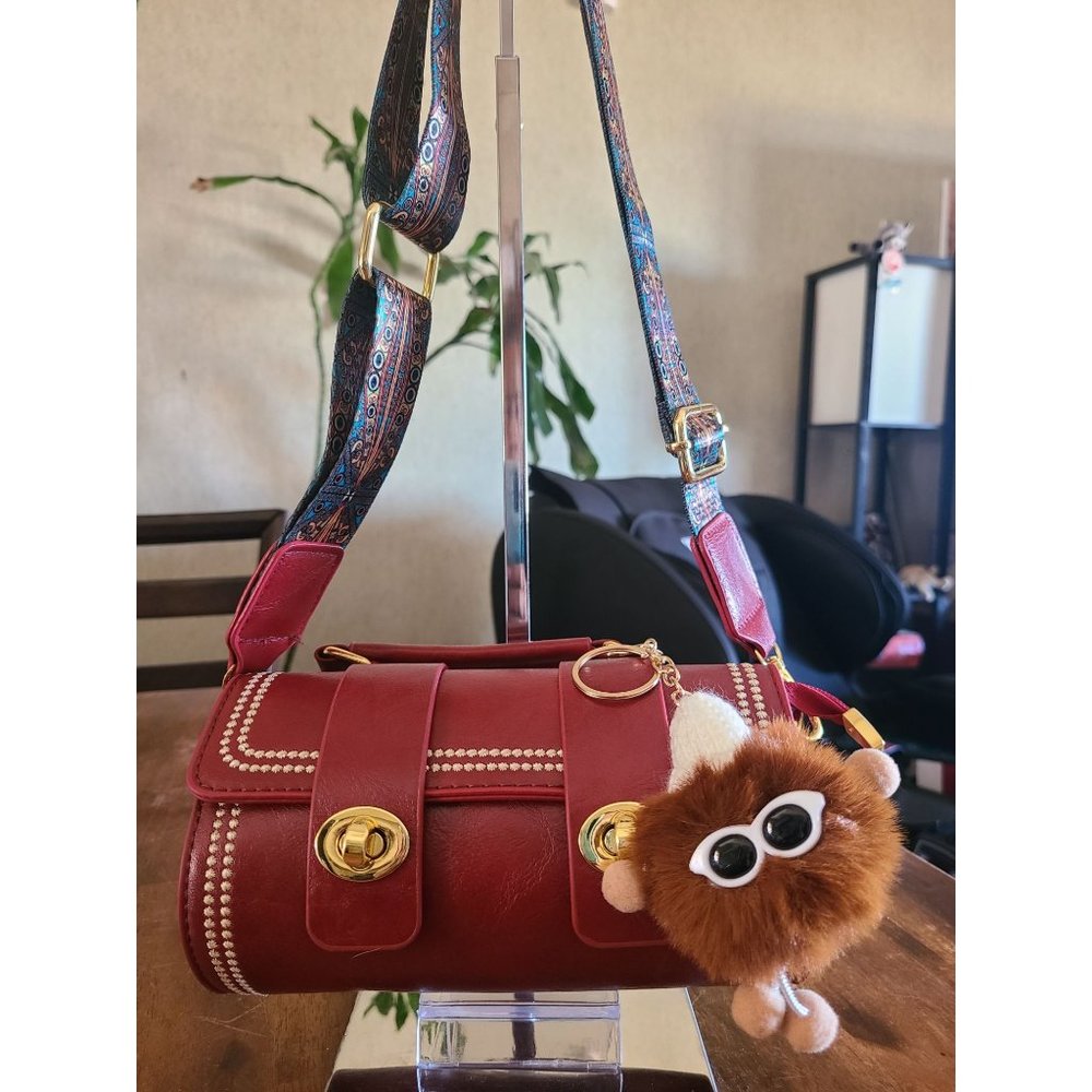 Mini Red Cambridge Cylinder Tote Turnlock Crossbody Vintage-Look Purse Bag